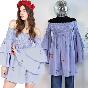 Soprano Cherry Print Off Shoulder Flared Sleeve Dress Size XS, Blue Stripe Tunic